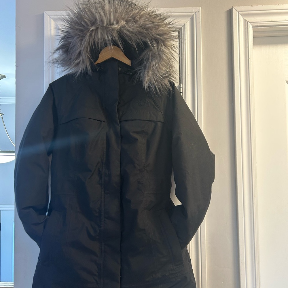 The North Face Women's Black Hooded Winter Jacket with Fur Trim